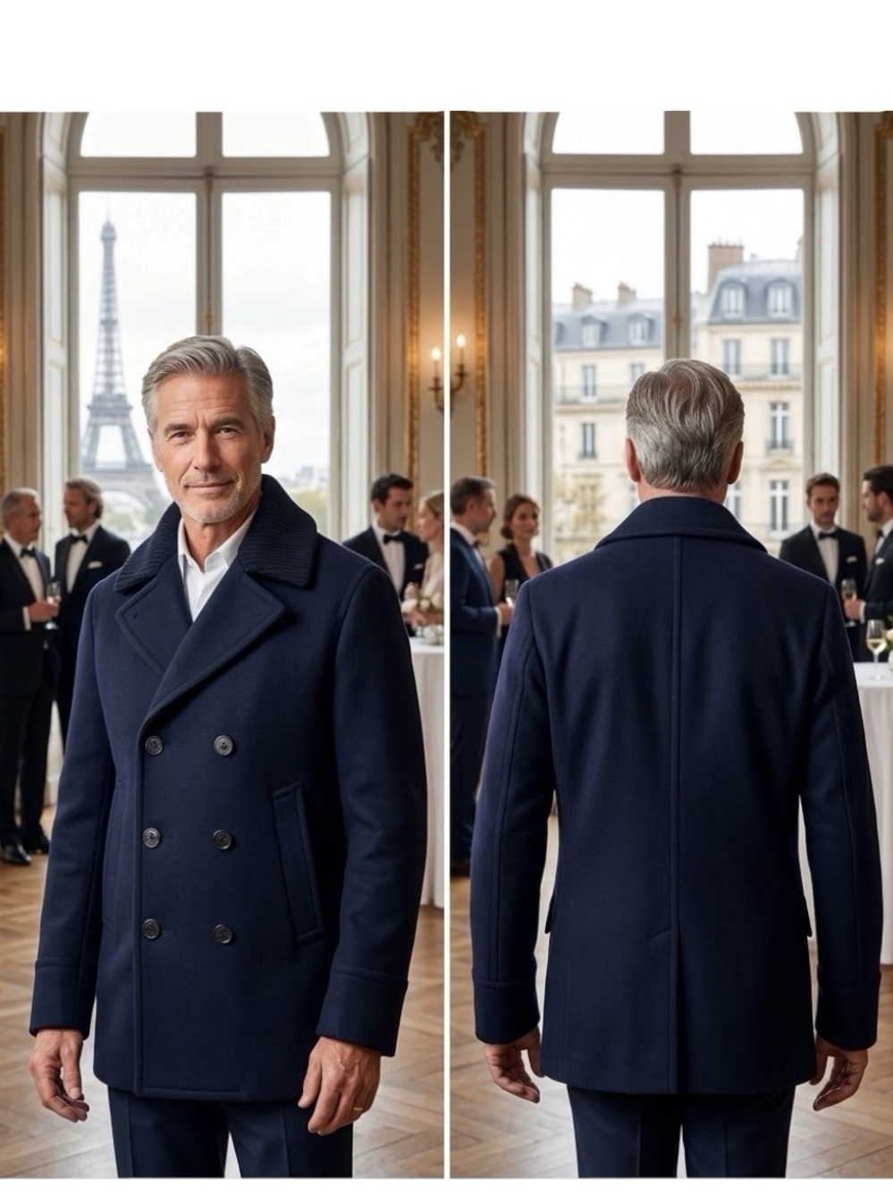 Paul & Shark Mens Large Navy Wool Cashmere Pea Coat Double Breasted EU Designer